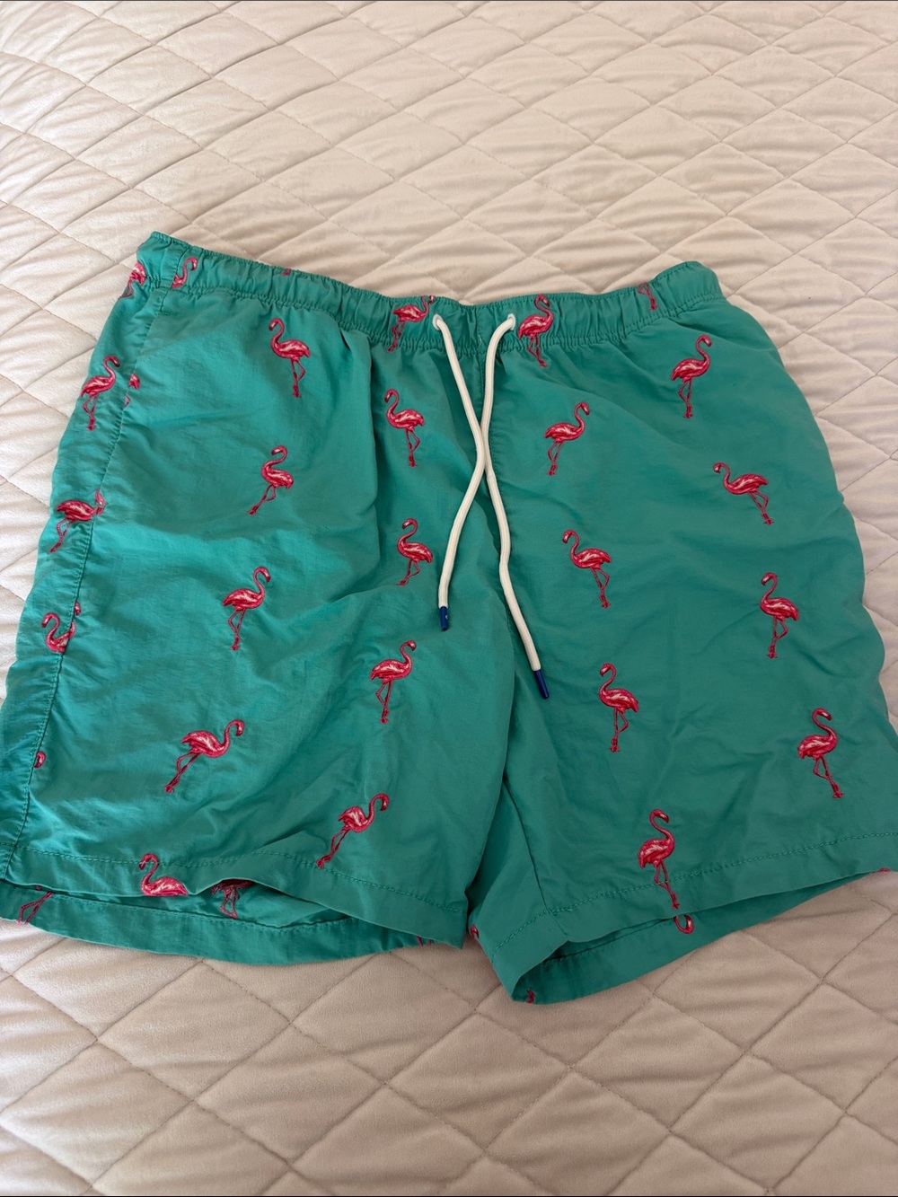 Tommy Bahama Teal Swim Trunks with Pink Flamingo Embroidery